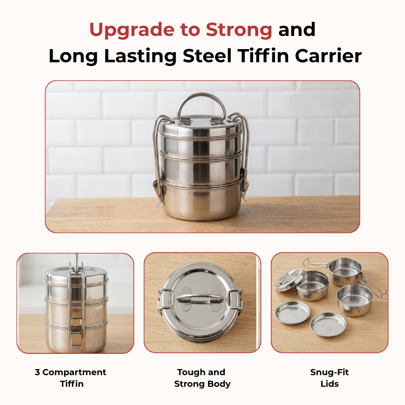 Vinod Stainless Steel Lunch Tiffin - 3 Compartment, feature panel