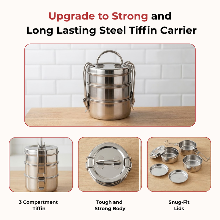 VINOD Stainless Steel Lunch Tiffin 9 Inch - 3 Compartment, Mirror Finish, Tough and Strong Build, Rust Free, Easy to Carry