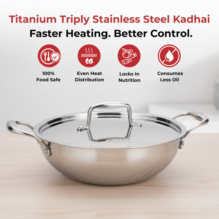 VINOD Doniv Titanium Triply Stainless Steel Kadhai with Steel Lid (24 cm), Capacity 2.60 Liter, Induction Friendly