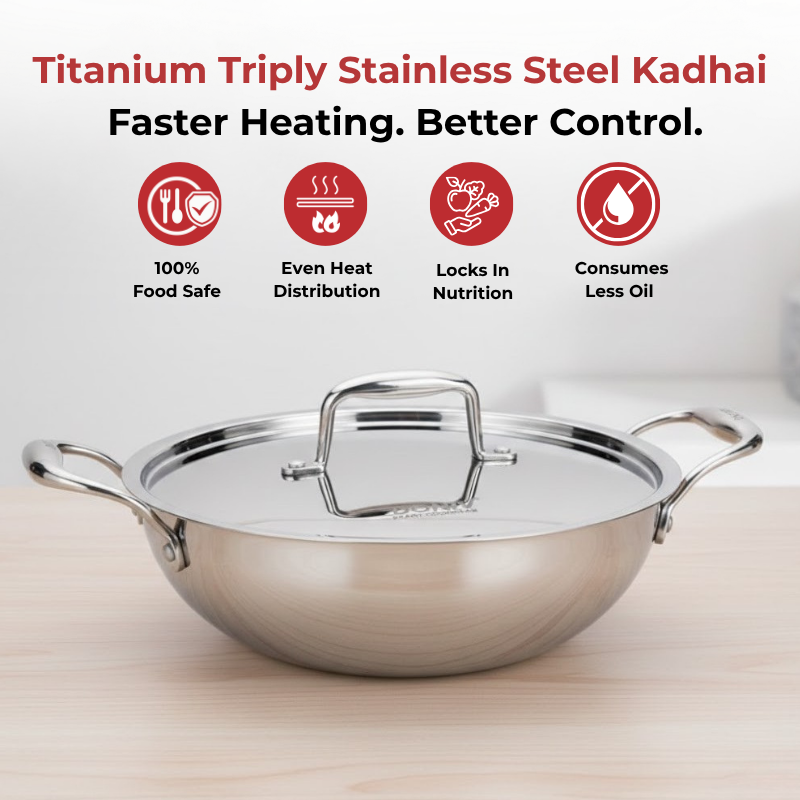 VINOD Doniv  Triply Kadai with Lid for Cooking Heavy Bottom 4.4 litres Deep Kadhai Pan with Side Handles, Induction & Gas Stove Compatible, Dishwasher Safe