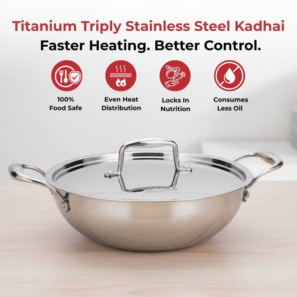 Vinod Doniv Triply Kadai with Lid for Cooking Heavy Bottom Deep Kadhai Pan with Side Handles, angled view