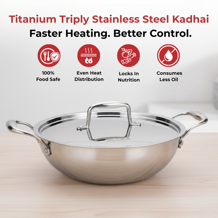 VINOD Doniv  Triply Kadai with Lid for Cooking Heavy Bottom 4.4 litres Deep Kadhai Pan with Side Handles, Induction & Gas Stove Compatible, Dishwasher Safe