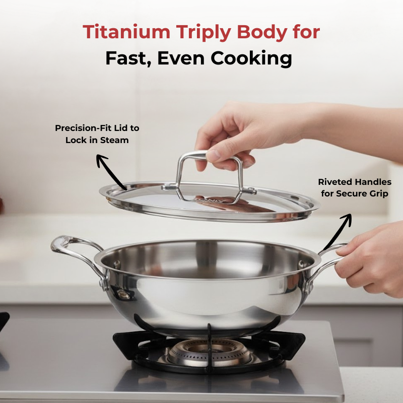 VINOD Doniv Titanium Triply Stainless Steel Kadhai with Steel Lid (24 cm), Capacity 2.60 Liter, Induction Friendly
