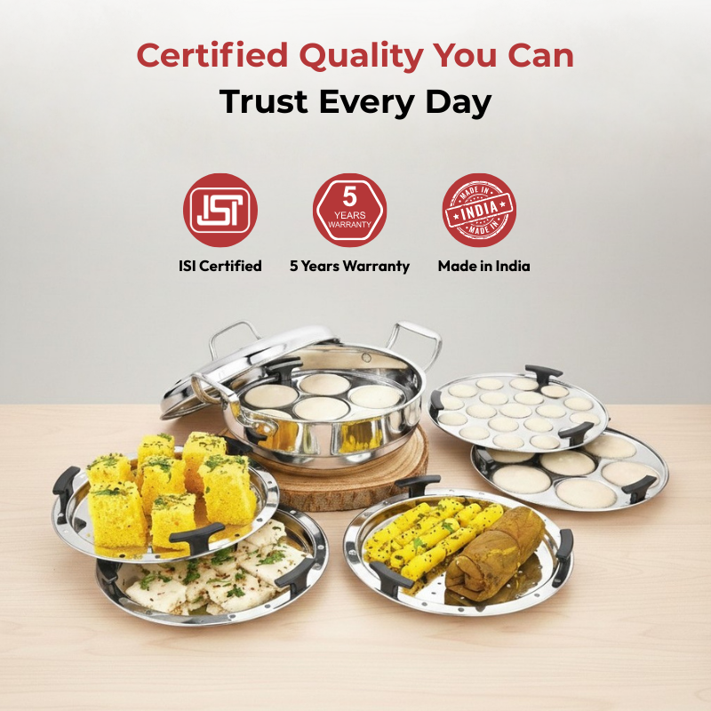 Vinod Doniv triply stainless steel idli dhokla steamer kadai with 6 plates, angled view