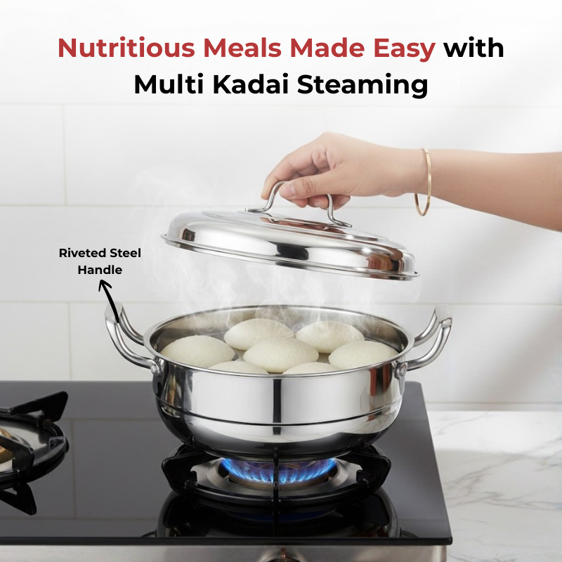 Vinod Doniv triply stainless steel idli dhokla steamer kadai with 6 plates, close-up detail