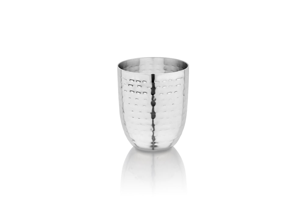 Vinod hammered stainless steel 51 piece dinner set, heavy gauge and dishwasher safe, angled view
