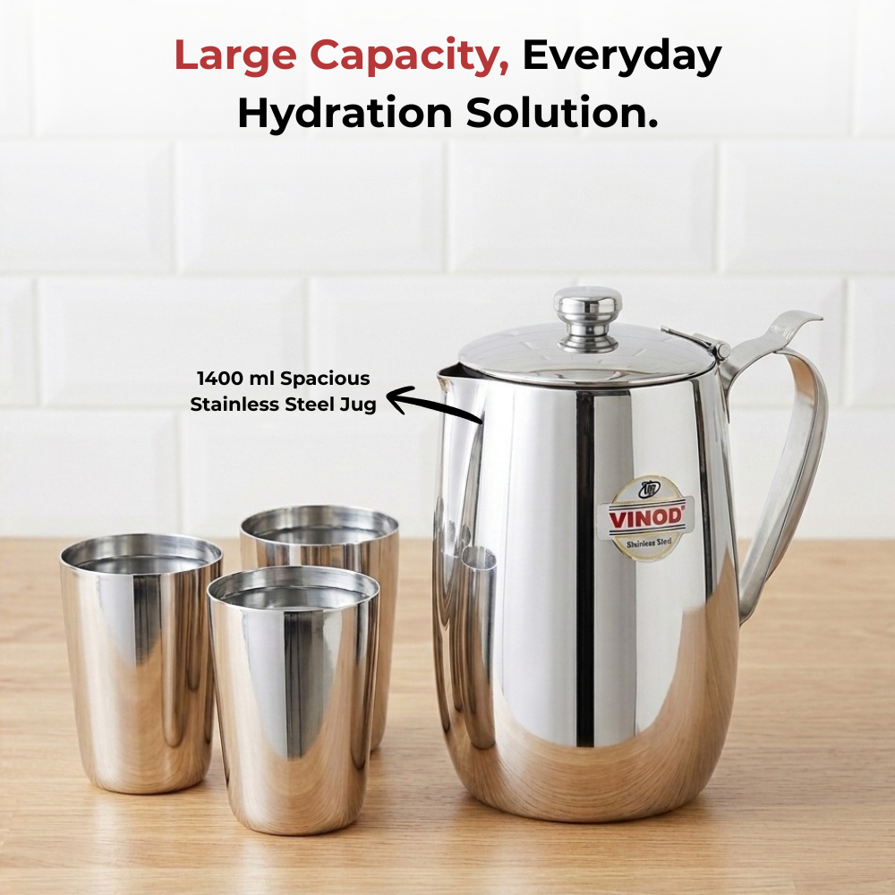 VINOD Stainless Steel Delux Jug Covered - 1400 ml with High Grade Stainless Steel, Mirror Finish, Leakage Proof, Tough & Durable