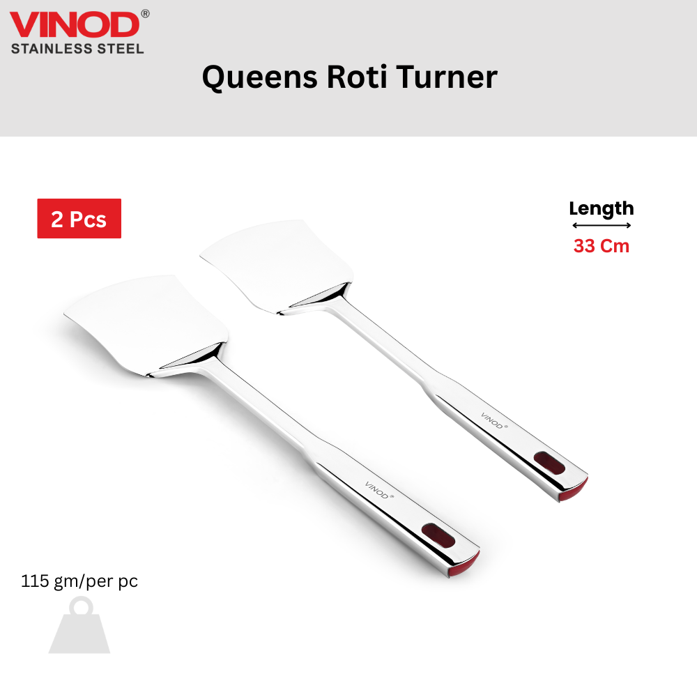 विनोद स्टेनलेस क्वींस स्टील रोटी टर्नर हैवी गेज फ्लैट प्लेन कुकिंग स्पून स्टील स्पैटुला I 2 का सेट I नंबर 1