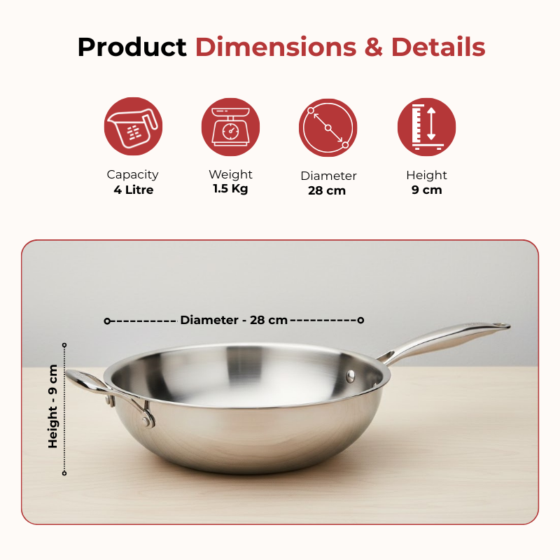 विनोद डोनिव टाइटेनियम ट्रिपली स्टेनलेस स्टील वोक साइड हैंडल के साथ 28 सेमी, क्षमता 4.00 लीटर 