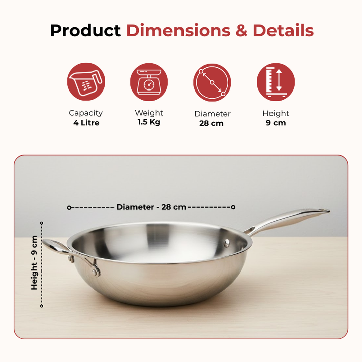 विनोद डोनिव टाइटेनियम ट्रिपली स्टेनलेस स्टील वोक साइड हैंडल के साथ 28 सेमी, क्षमता 4.00 लीटर 