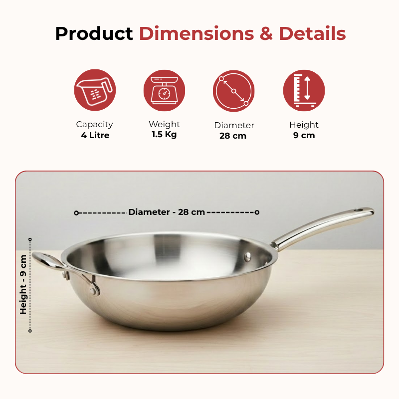 Vinod Doniv Titanium Triply Stainless Steel Wok with Side Handle 28 cms, 4.00 Liter, dimension chart