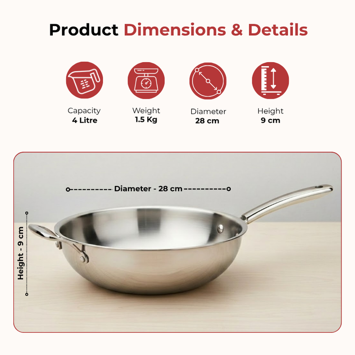 VINOD Doniv Titanium Triply Stainless Steel Wok with Side Handle 28 cms, Capacity 4.00 Liter