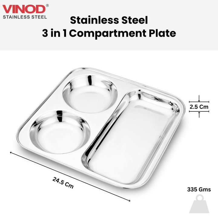 Vinod Stainless Steel 3 in 1 Compartment Plate Partition Plate 24.5 Cm Thali with Two Round Bowl, Mirror Polish, Rust Free, Dishwasher Safe, Kitchenware, Snack, Breakfast, Lunch Plate - pack of 2