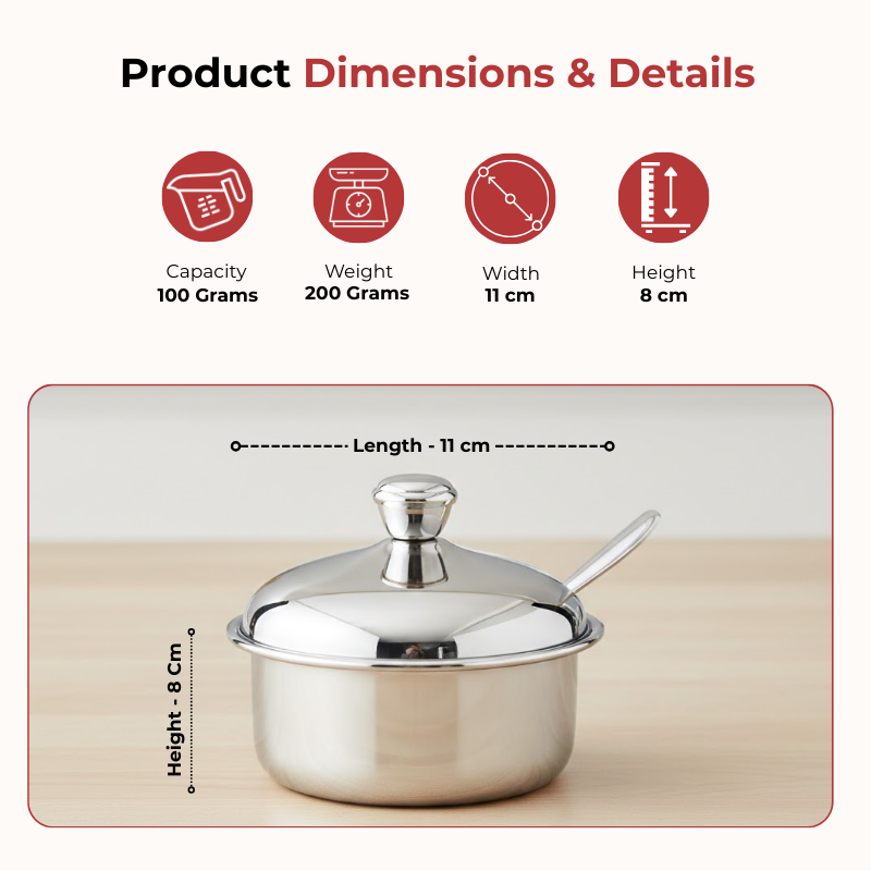 Vinod Stainless Steel Butter Pot with Butter Knife & Lid 100 gram Capacity, dimension chart