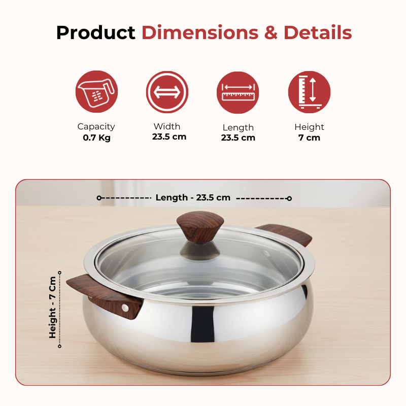Vinod stainless steel Aroma insulated casserole set of 2, 750 ml and 1250 ml, dimension chart