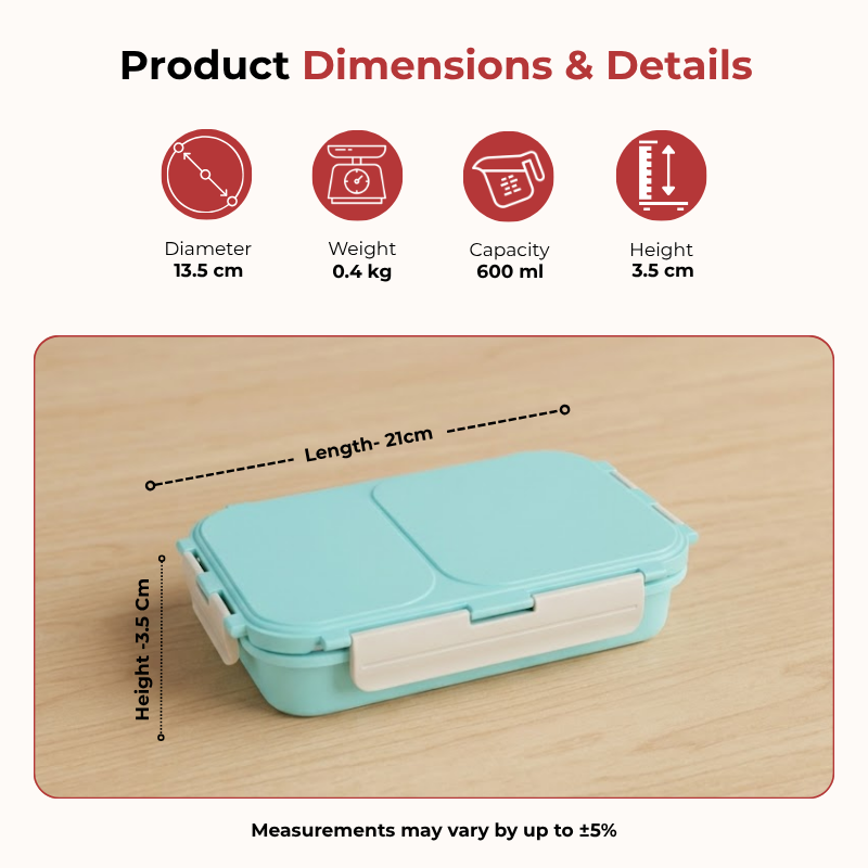 Vinod stainless steel 2 compartment tiffin in blue, airtight and leak-proof, dimension chart