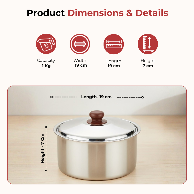 Vinod Stainless Steel Hot Pot 1000 ml with Insulated Body, dimension chart