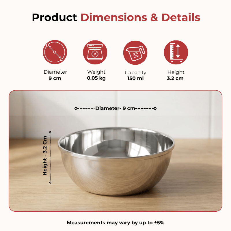 Vinod stainless steel Maharaja bowl set of 6 pieces, 150 ml, dimension chart
