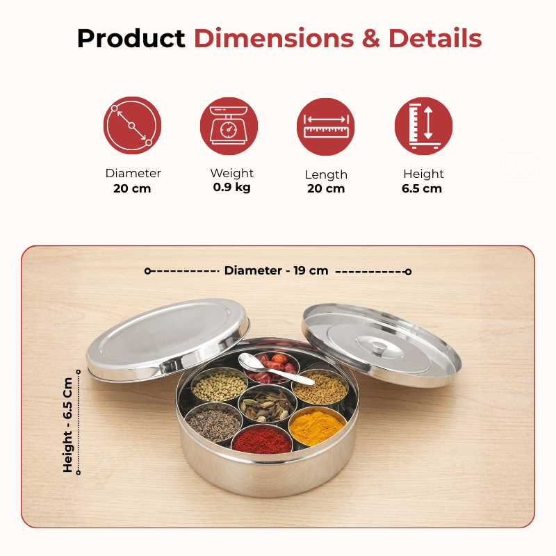 VINOD Stainless Steel Masala Dabba / Spice Box with 7 Containers, Spoon & Inner Lid, Mirror Finish, Rust Free Build - 8 Inch (No.12)