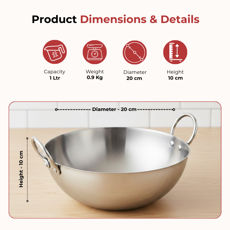 Vinod Claro heavy gauge plain stainless steel kadai, 2.5 mm, 1050 ml, dimension chart
