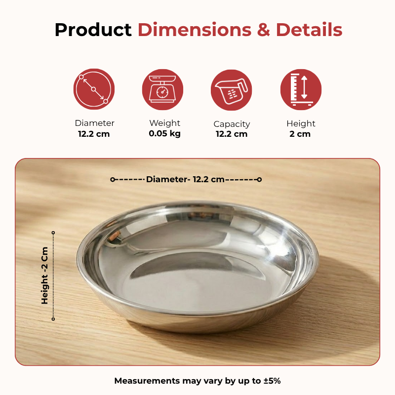 Vinod stainless steel round beeding halwa dessert plate set of 6 pieces, 12.2 cm, dimension chart