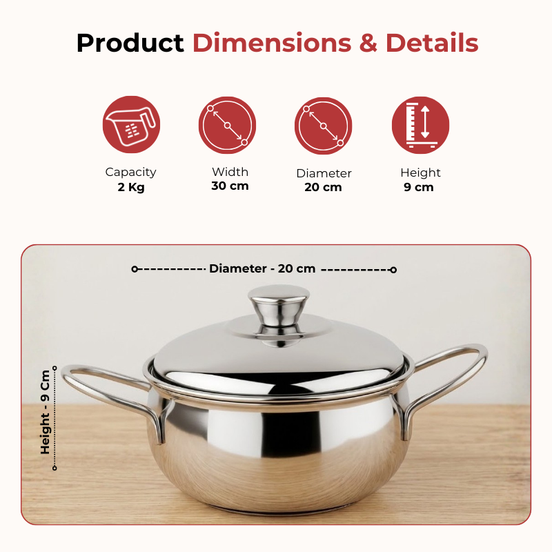 Vinod stainless steel milano plain serving casserole with steel lid & side handles, 2000 ml, dimension chart
