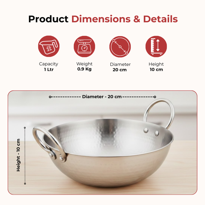 Vinod – Claro Heavy Gauge Stainless Steel Hammered Kadai, 2.5 mm (1050 ml)