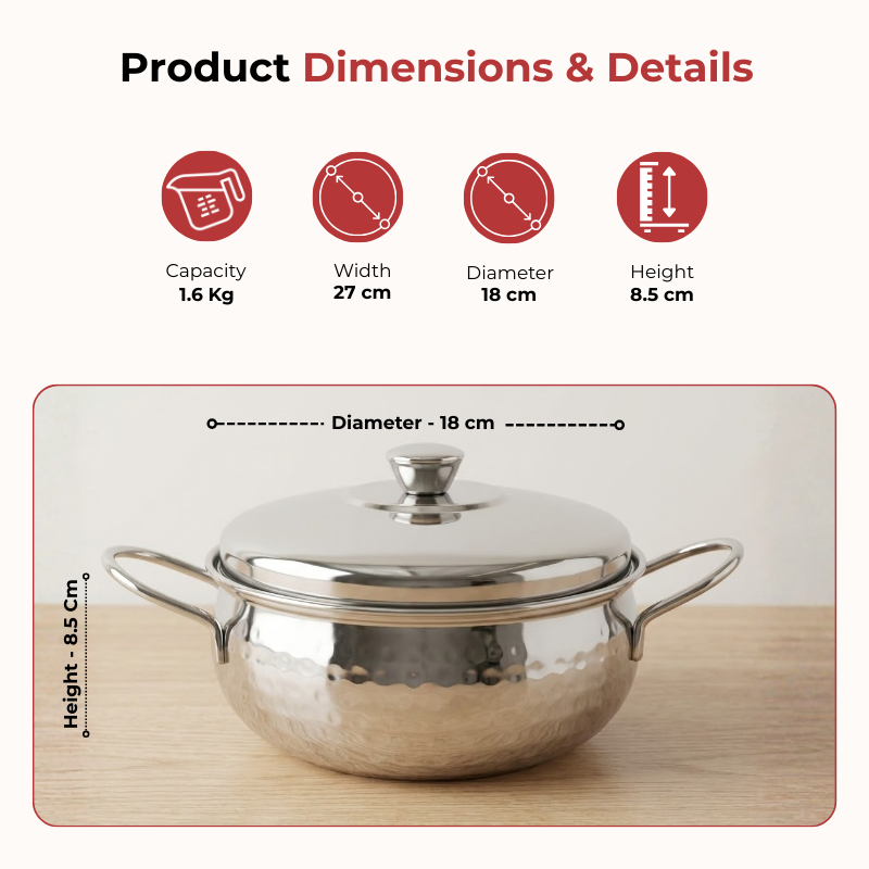 Vinod stainless steel milano hammered serving casserole, set of 2, 1230 ml, 1630 ml, dimension chart