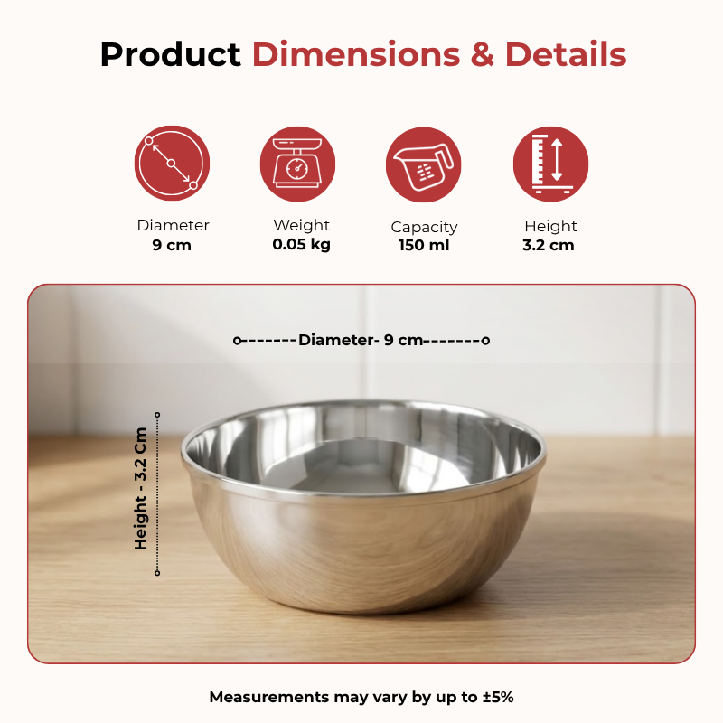 Vinod Stainless Steel Maharaja Bowl Set of 12 Pieces - 150 ml, dimension chart