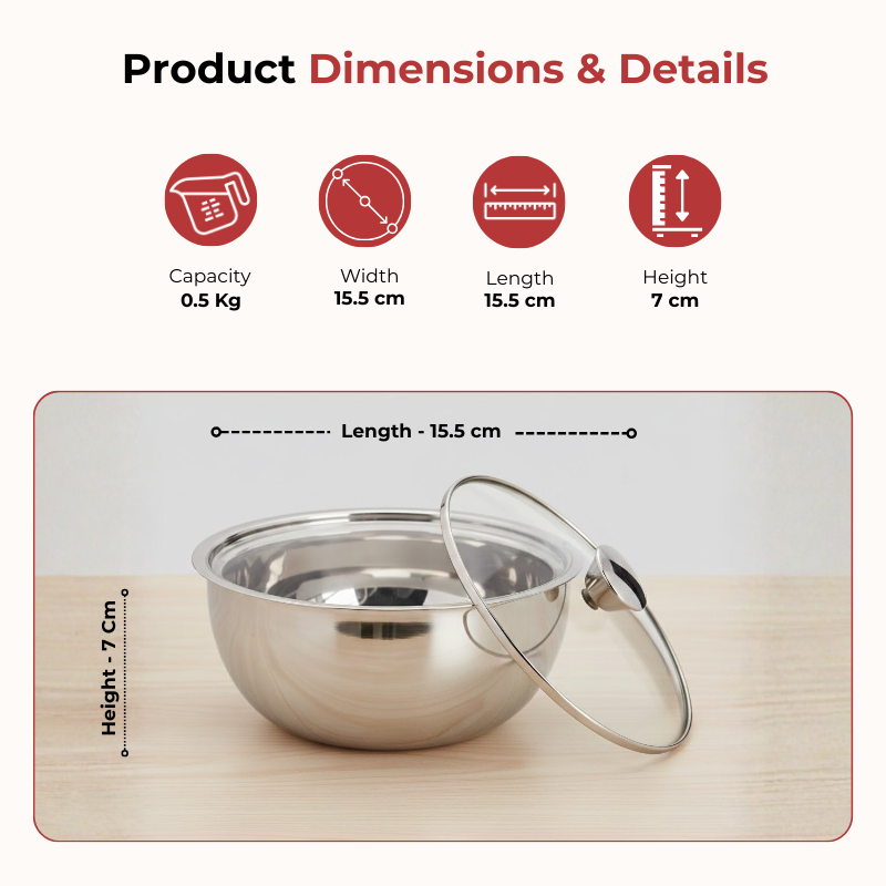 Vinod stainless steel Montero insulated casserole with glass lid and steel knob, 500 ml, dimension chart for the third size
