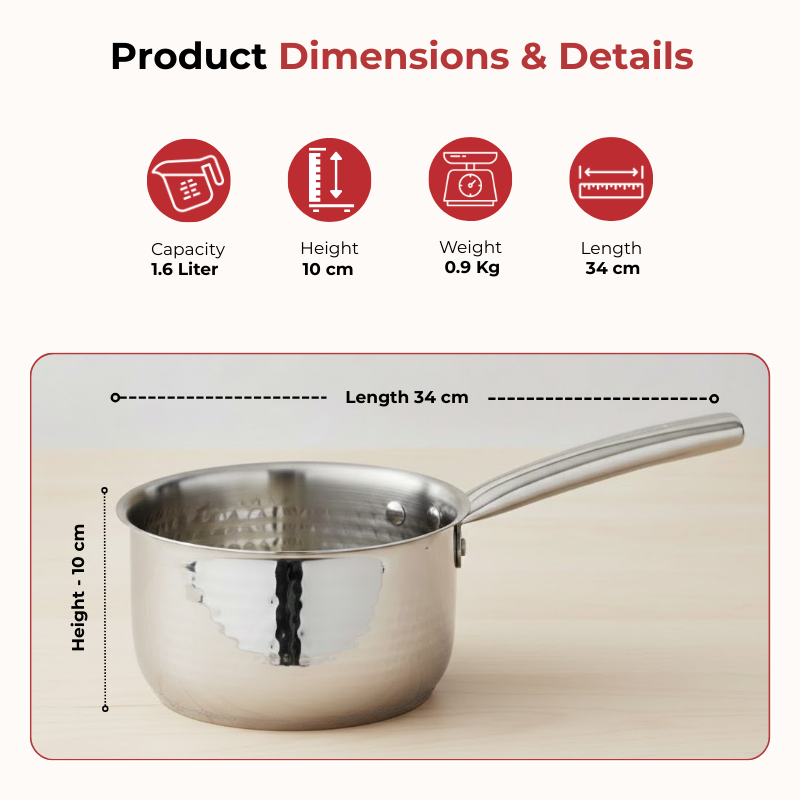 Vinod claro heavy gauge stainless steel hammered sauce pan, 1.5 mm, capacity 1600 ml, dimension chart