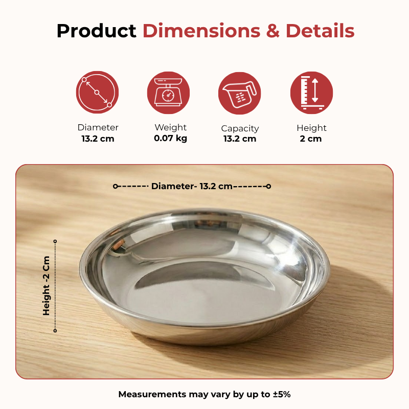 Vinod stainless steel round beeding halwa dessert plate set of 6 pieces, 13.2 cm, dimension chart