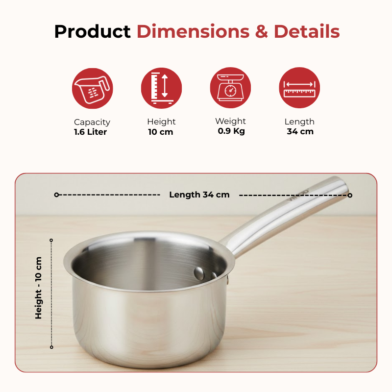 Vinod claro heavy gauge stainless steel sauce pan (plain), 1.5 mm, capacity 1600 ml, dimension chart