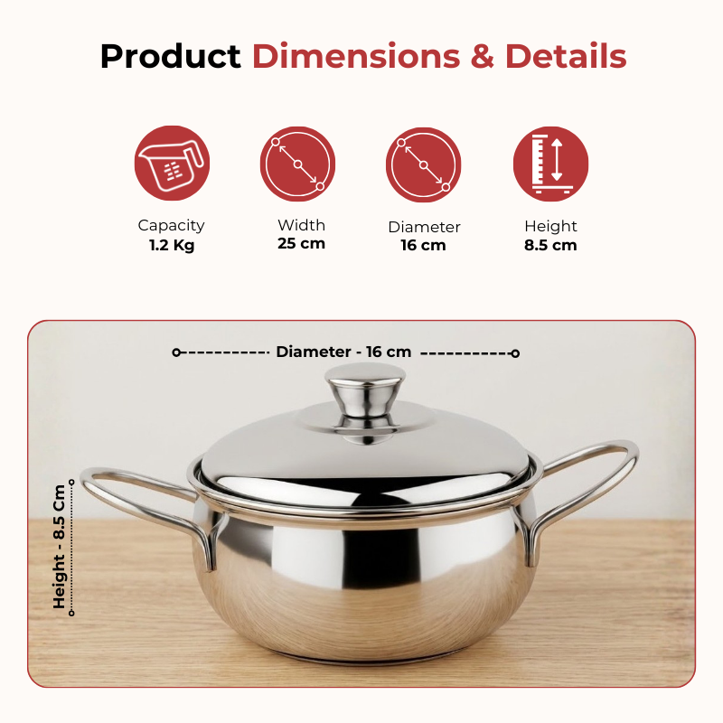 Vinod stainless steel milano plain serving casserole with steel lid & side handles, 1630 ml, dimension chart