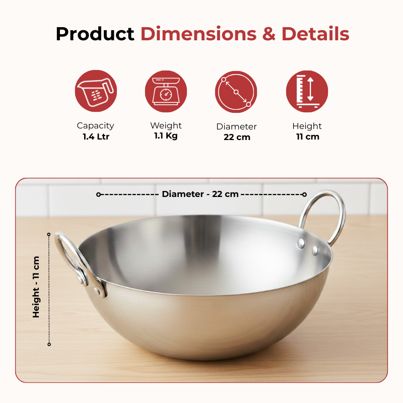 Vinod – Claro Heavy Gauge Stainless Steel Kadai (Plain), 2.5 mm (1400 ml)