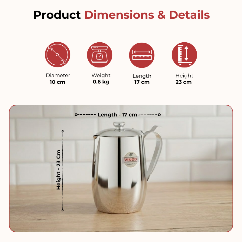 Vinod stainless steel Delux jug with lid, 2000 ml, dimension chart