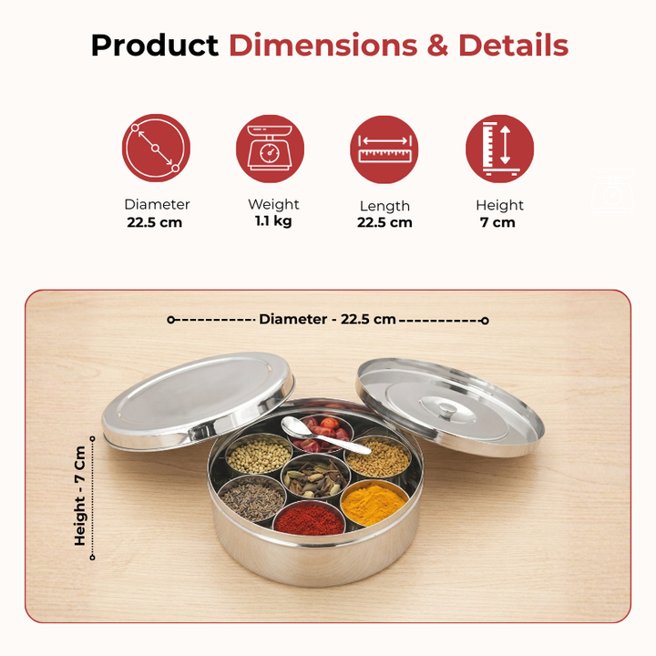 VINOD Stainless Steel Masala Dabba / Spice Box with 7 Containers, Spoon & Inner Lid, Mirror Finish, Rust Free Build - 8.8 Inch (No.13)