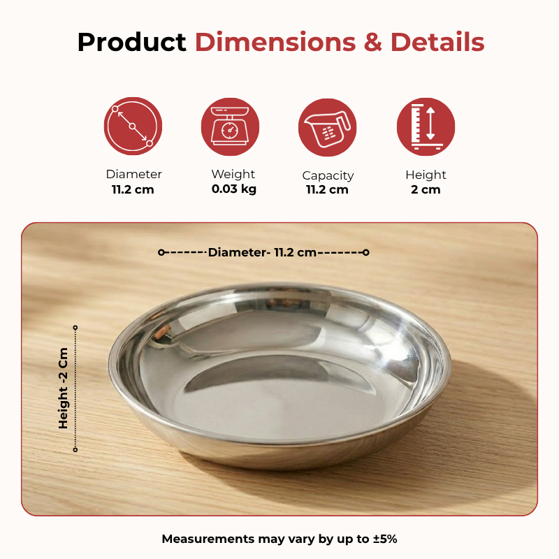 Vinod stainless steel round beeding halwa dessert plate set of 6 pieces, 11.2 cm, dimension chart