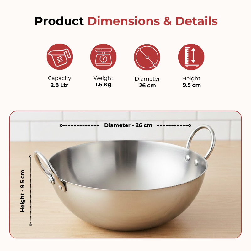 Vinod Claro Heavy Gauge Stainless Steel Plain Kadai, 2.5 mm, 2800 ml, dimension chart
