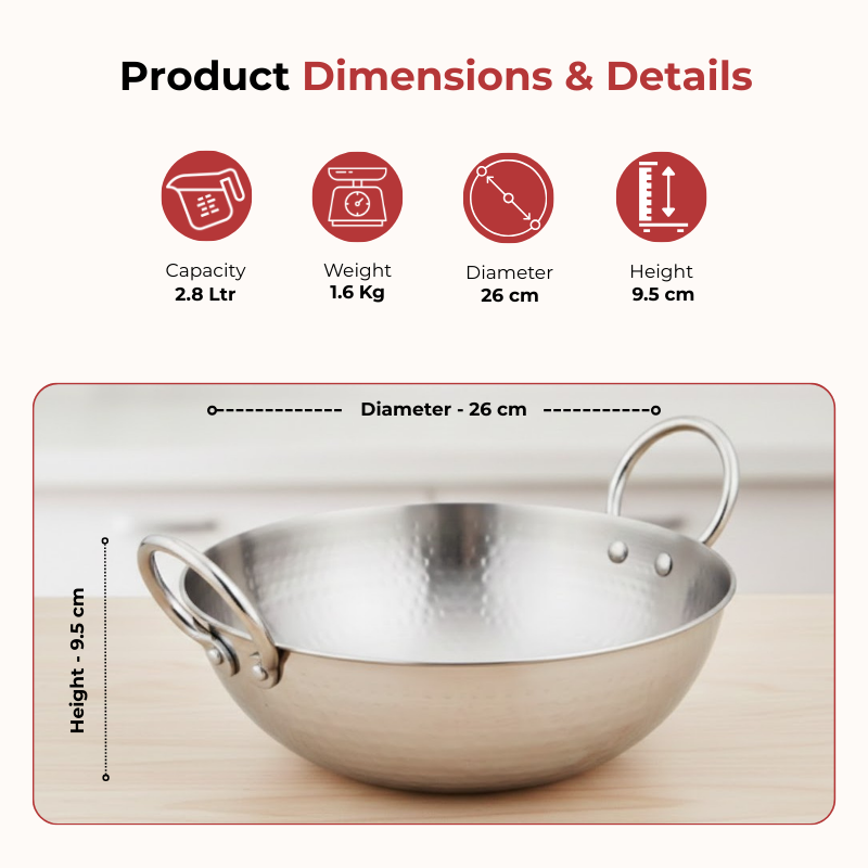 Vinod claro heavy gauge stainless steel hammered kadai, 2.5 mm (2800 ml), dimension chart