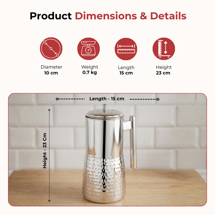 VINOD Stainless Steel Hammered Magnum Water Pitcher / Jug with Cover - 1700 ml, Premium Stainless Steel, Tough & Durable, Dishwasher safe
