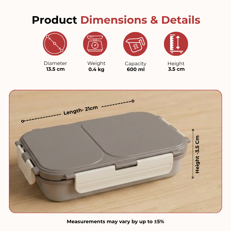 Vinod stainless steel 2 compartment lunch box in grey, silicone-sealed airtight lid, dimension chart