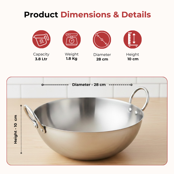 Vinod – Claro Heavy Gauge Stainless Steel Kadai (Plain), 2.5 mm (3800 ml)