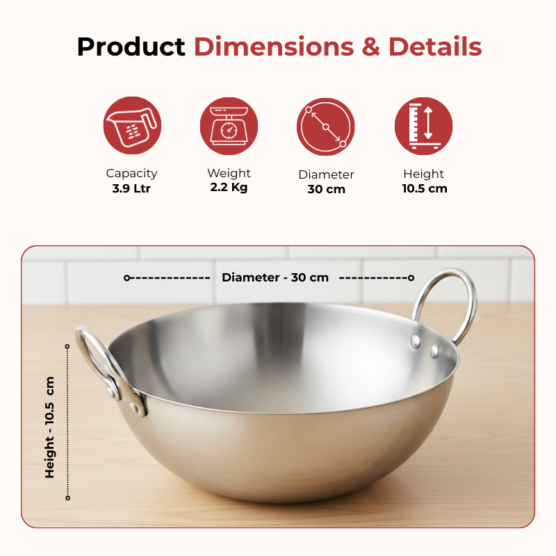 Vinod Claro Heavy Gauge Stainless Steel Plain Kadai, 2.5 mm, 3900 ml, dimension chart