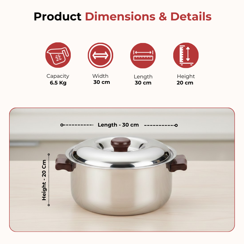 Vinod stainless steel hot casserole 6500 ml with highest grade stainless steel, dimension chart