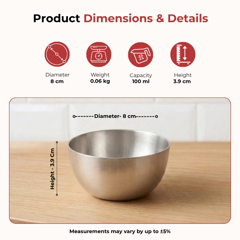 Vinod stainless steel two tone bowl set of 6 pieces, 100 ml, dimension chart
