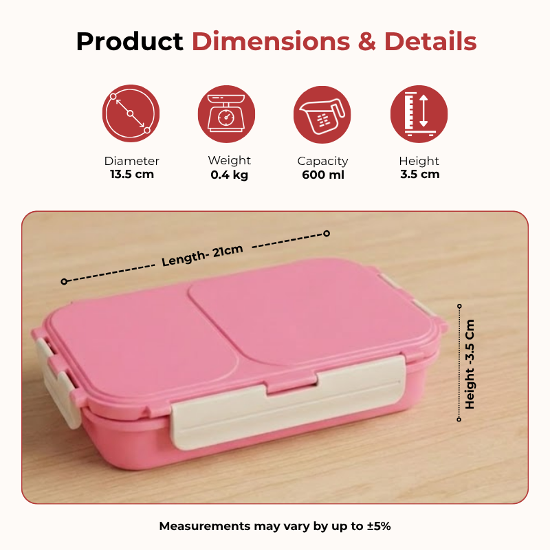 Vinod stainless steel 2 compartment tiffin in pink, silicone-sealed airtight lid, dimension chart