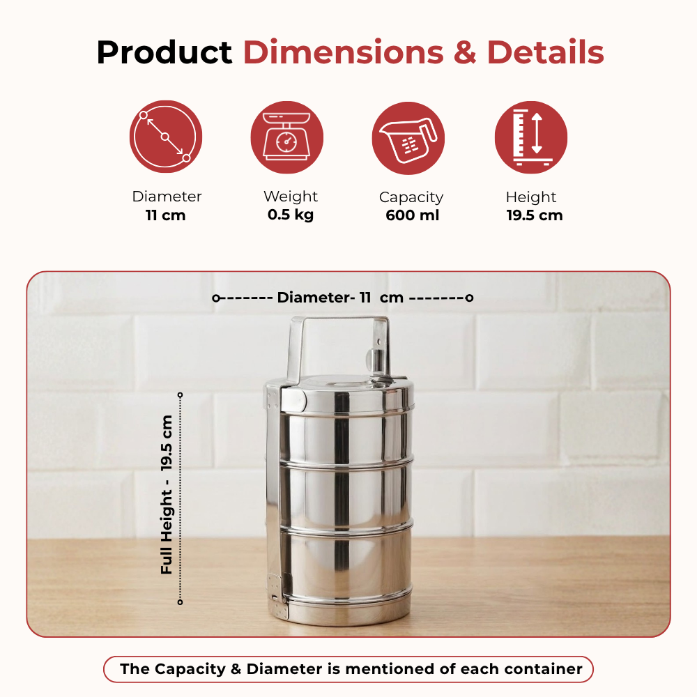 Vinod Bombay Stainless Steel Tiffin 3 Compartment 9 Inch, dimension chart