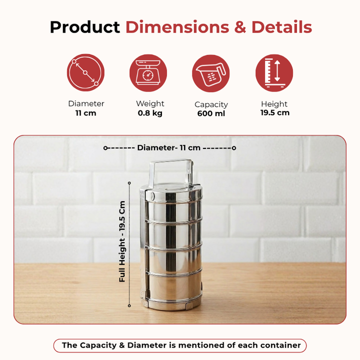 VINOD Bombay Stainless Steel Tiffin 4 Compartment - 9 Inch with Mirror Finish, Rust Free, Tough and Strong & Easy to Clean