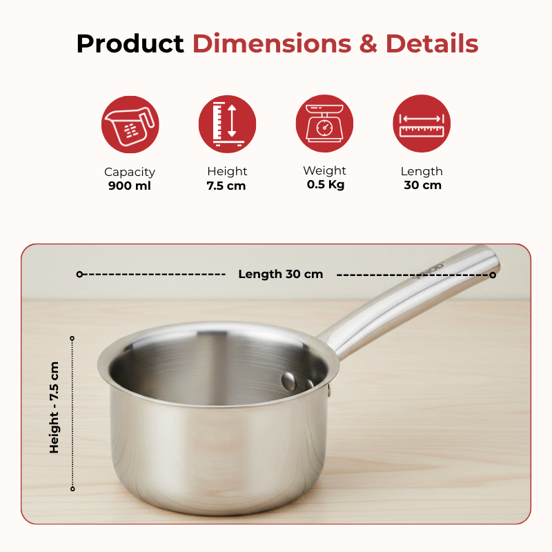 Vinod claro heavy gauge stainless steel sauce pan (plain), 1.5 mm, capacity 900 ml, dimension chart